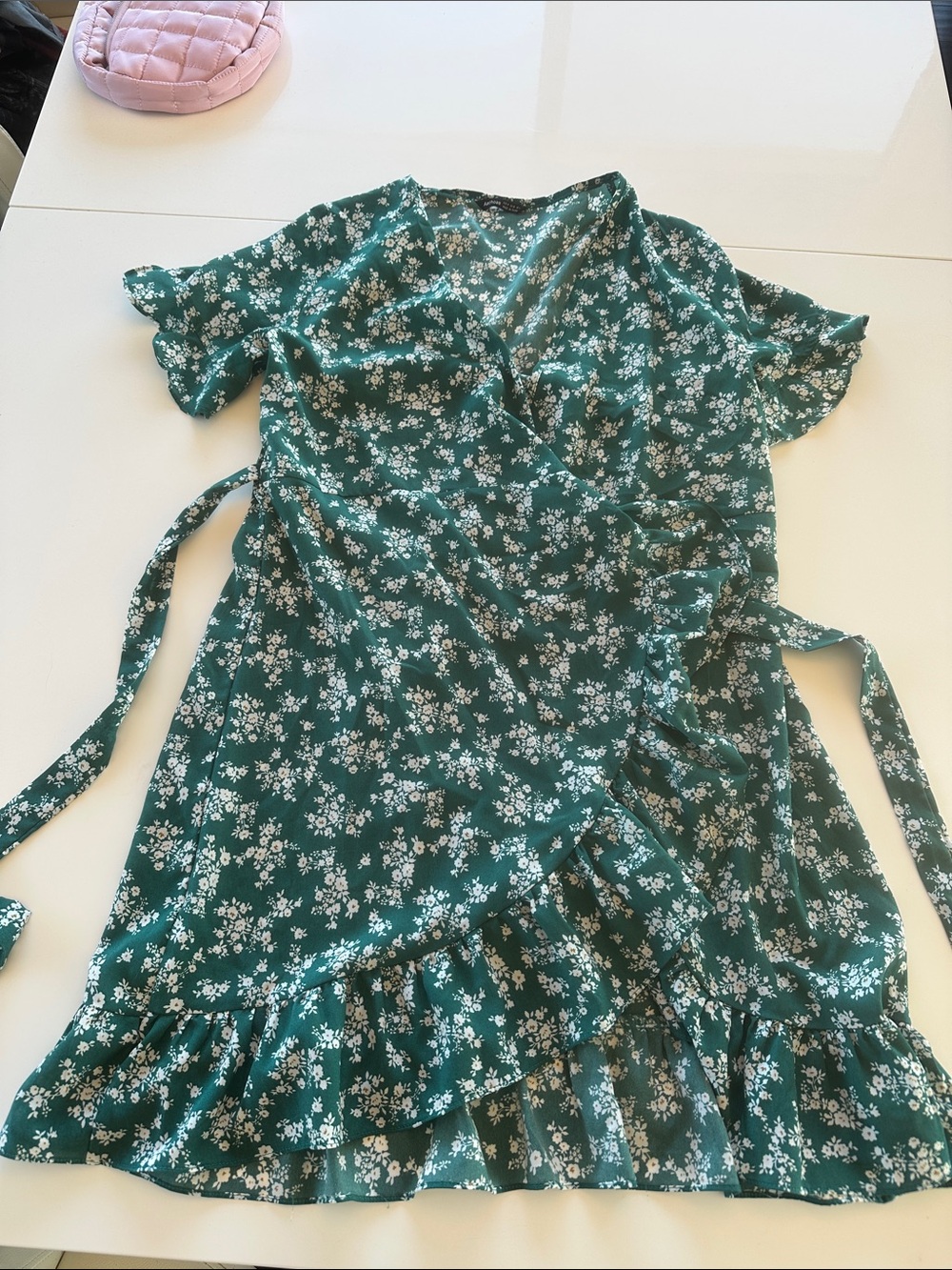 Green Floral Wrap Midi Dress with Ruffle Hem